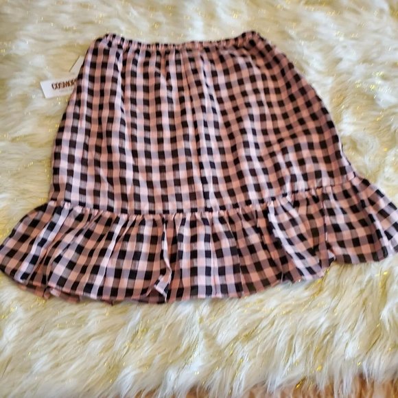 Dress The Population Cosmopolitan Pink and Black Plaid Skirt L Ruffled Bottom - Picture 8 of 13